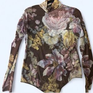 Express Fitted Mesh Floral Mock Neck Long Sleeve Bodysuit Multi-Color